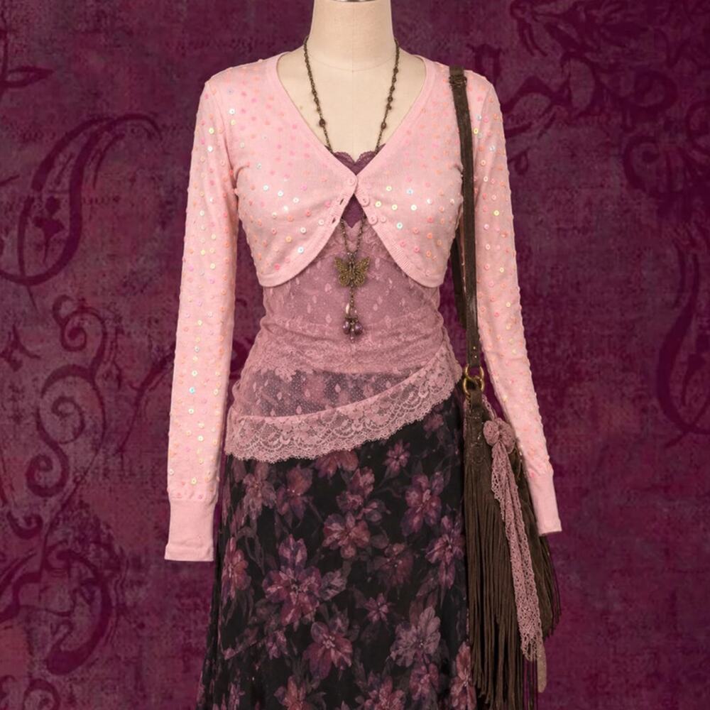 Pink Sequin Silk Bolero Cardigan L Fairycore Y2K Coquette Venci